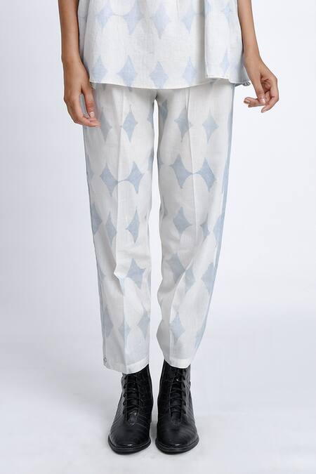 Buy JAYATI GOENKA White Cotton Open Neck Diamond Block Print Flared Top And Pant Set Online at Aza Fashions Buy_JAYATI GOENKA_White Cotton Open Neck Diamond Block Print Flared Top And Pant Set _Online_at_Aza_Fashions