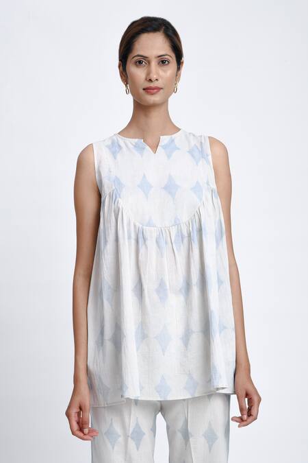 Buy JAYATI GOENKA White Cotton Open Neck Diamond Block Print Flared Top And Pant Set Buy_JAYATI GOENKA_White Cotton Open Neck Diamond Block Print Flared Top And Pant Set