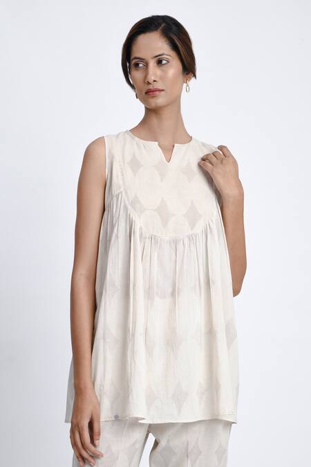 JAYATI GOENKA White Cotton Embroidery Button-down Neck Block Printed Top And Pant Set at Aza Fashions JAYATI GOENKA_White Cotton Embroidery Button-down Neck Block Printed Top And Pant Set _at_Aza_Fashions