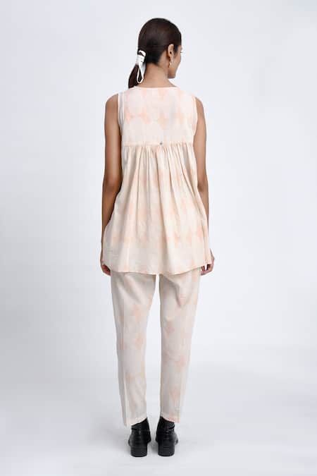 Shop_JAYATI GOENKA_White Cotton Embroidery Open Neck Diamond Print Top And Pant Set _at_Aza_Fashions