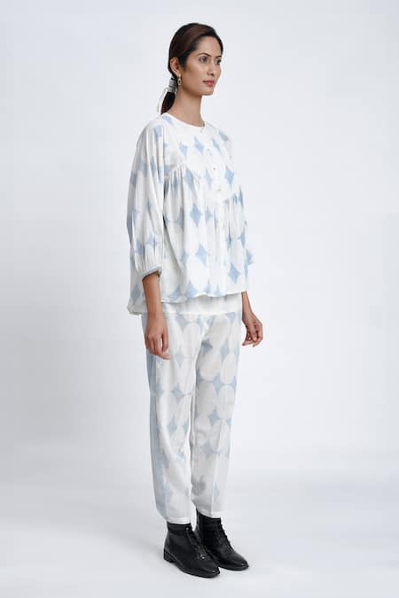 Buy JAYATI GOENKA Blue Cotton Round Neck Button Down Printed Top And Pant Set Online at Aza Fashions Buy_JAYATI GOENKA_Blue Cotton Round Neck Button Down Printed Top And Pant Set _Online_at_Aza_Fashions
