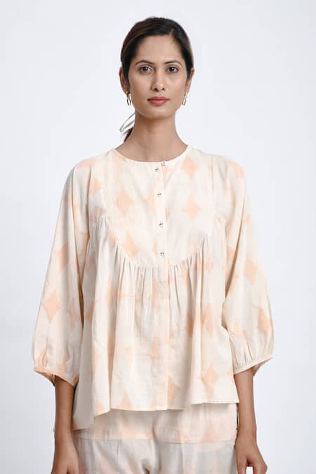 Shop JAYATI GOENKA Pink Cotton Diamonds Round Neck Block Printed Top And Pant Set Online at Aza Fashions Shop_JAYATI GOENKA_Pink Cotton Diamonds Round Neck Block Printed Top And Pant Set _Online_at_Aza_Fashions