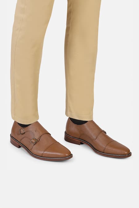 HATS OFF ACCESSORIES Brown Solid Genuine Leather Monk Strap Shoes 