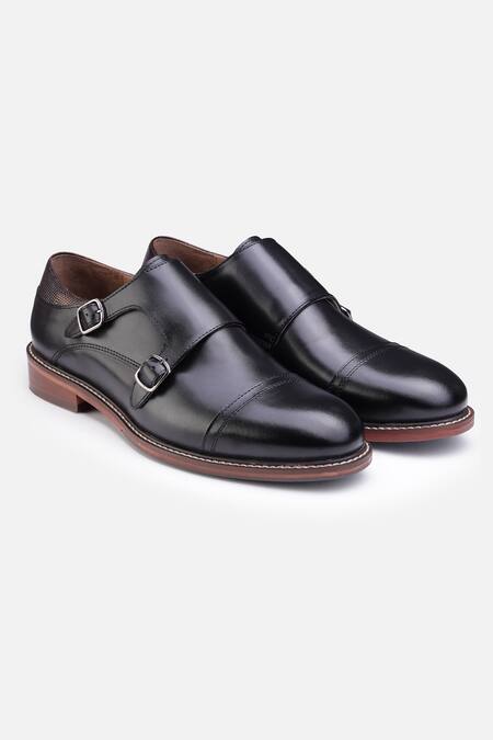 Hats Off Accessories_Black Genuine Leather Monk Strap Shoes_Online_at_Aza_Fashions