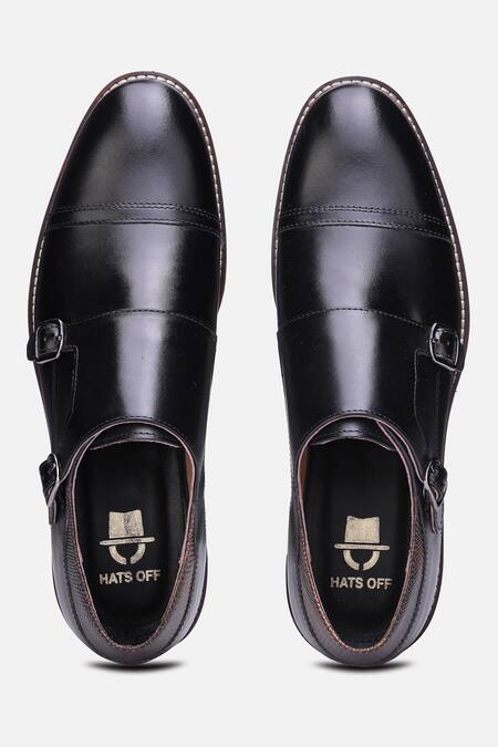 Hats Off Accessories_Black Genuine Leather Monk Strap Shoes_at_Aza_Fashions