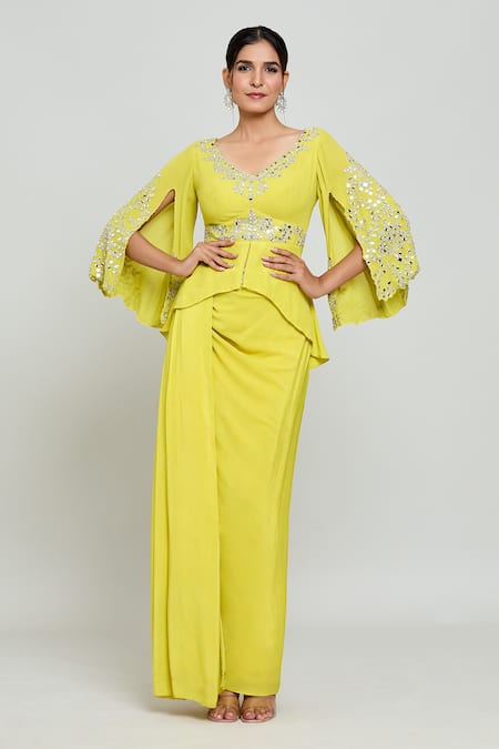 Khwaab by Sanjana Lakhani Green Crepe Embellished Mirror Work V Neck Top With Drape Skirt