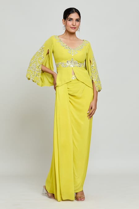 Buy_Samyukta Singhania_Green Crepe, Georgette Mirrors V-neck Embellished Top With Draped Skirt _Online_at_Aza_Fashions
