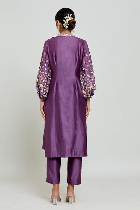 Shop Samyukta Singhania Purple Chanderi, Silk Organza Embroidered Sleeves Straight Kurta Pant Set at Aza Fashions Shop_Samyukta Singhania_Purple Chanderi, Silk Organza Embroidered Sleeves Straight Kurta Pant Set _at_Aza_Fashions