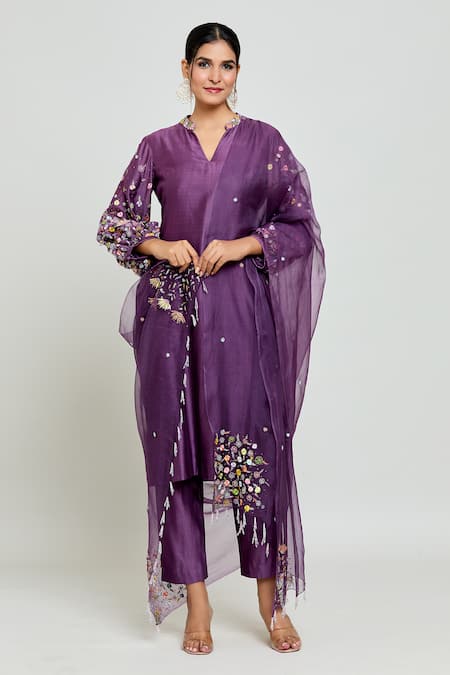 Buy Samyukta Singhania Purple Chanderi, Silk Organza Embroidered Sleeves Straight Kurta Pant Set Online at Aza Fashions Buy_Samyukta Singhania_Purple Chanderi, Silk Organza Embroidered Sleeves Straight Kurta Pant Set _Online_at_Aza_Fashions