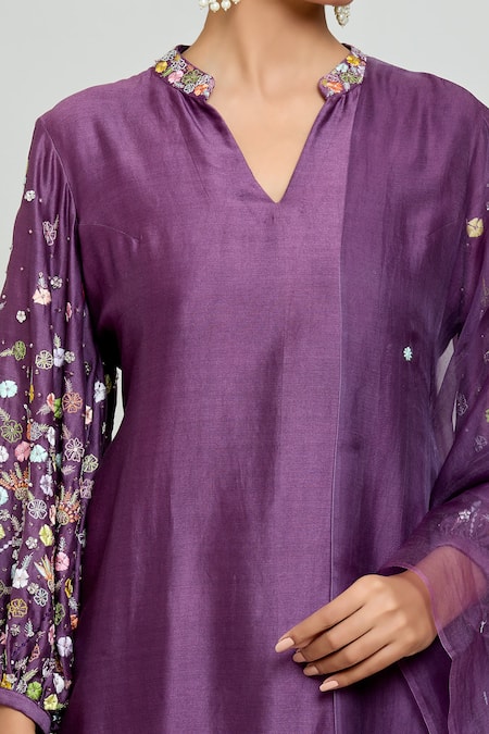 Shop Samyukta Singhania Purple Chanderi, Silk Organza Embroidered Sleeves Straight Kurta Pant Set Online at Aza Fashions Shop_Samyukta Singhania_Purple Chanderi, Silk Organza Embroidered Sleeves Straight Kurta Pant Set _Online_at_Aza_Fashions