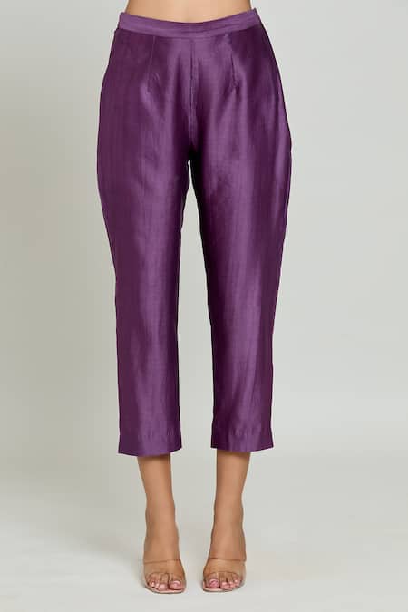 Samyukta Singhania Purple Chanderi, Silk Organza Embroidered Sleeves Straight Kurta Pant Set at Aza Fashions Samyukta Singhania_Purple Chanderi, Silk Organza Embroidered Sleeves Straight Kurta Pant Set _at_Aza_Fashions