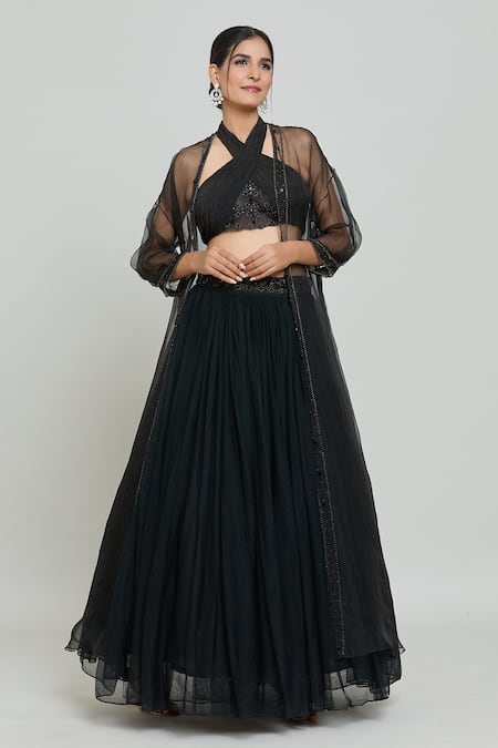 Khwaab by Sanjana Lakhani Black Natural Crepe Hand Embellished Ruched Halter Neck Blouse Lehenga Set