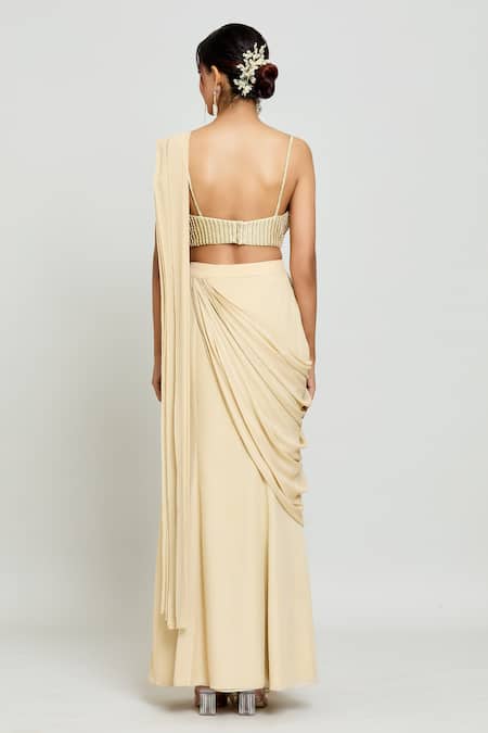 Shop_Samyukta Singhania_Green Silk, Georgette Beads, Pre-draped Slit Saree With Hand Embellished Blouse _at_Aza_Fashions