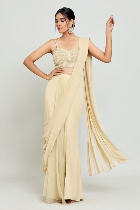 Buy_Samyukta Singhania_Green Silk, Georgette Beads, Pre-draped Slit Saree With Hand Embellished Blouse _Online_at_Aza_Fashions