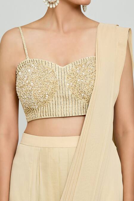 Shop_Samyukta Singhania_Green Silk, Georgette Beads, Pre-draped Slit Saree With Hand Embellished Blouse _Online_at_Aza_Fashions