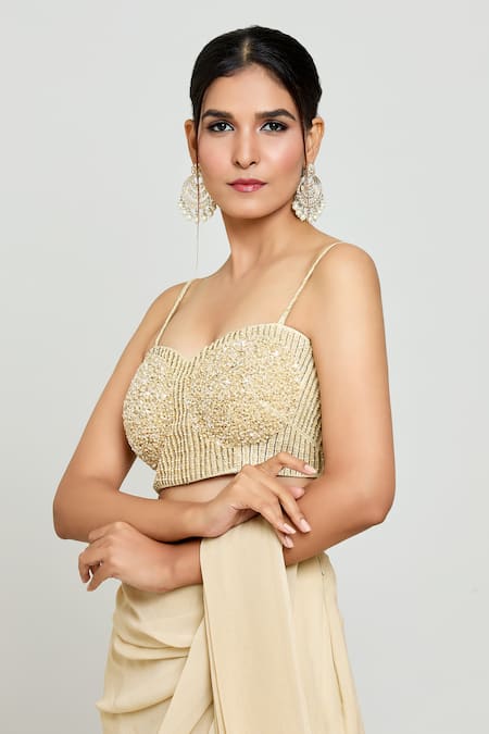 Samyukta Singhania_Green Silk, Georgette Beads, Pre-draped Slit Saree With Hand Embellished Blouse _at_Aza_Fashions