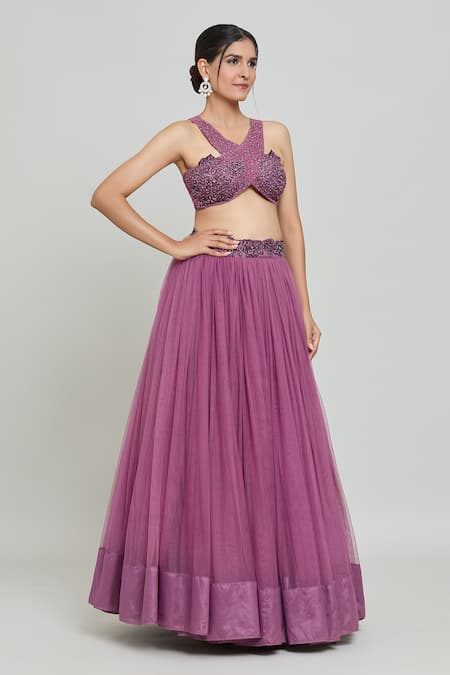 Samyukta Singhania_Purple Net Mirrors, Sequins, Beads Halter Neck Cross Crop Top With Flared Skirt _Online_at_Aza_Fashions