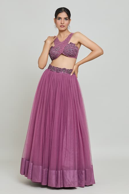 Buy_Samyukta Singhania_Purple Net Mirrors, Sequins, Beads Halter Neck Cross Crop Top With Flared Skirt _Online_at_Aza_Fashions