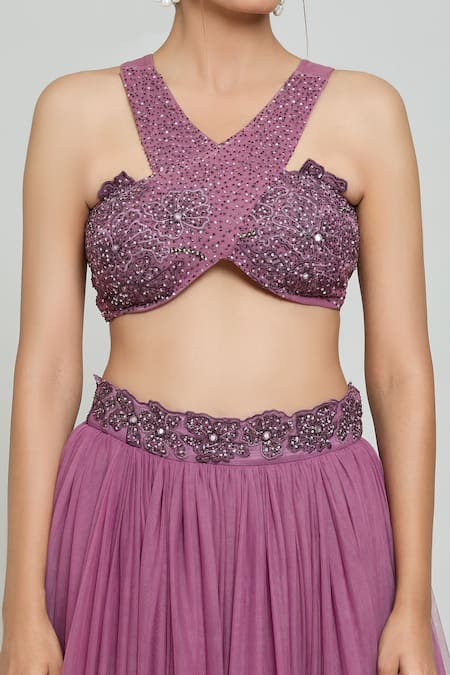 Shop_Samyukta Singhania_Purple Net Mirrors, Sequins, Beads Halter Neck Cross Crop Top With Flared Skirt _Online_at_Aza_Fashions