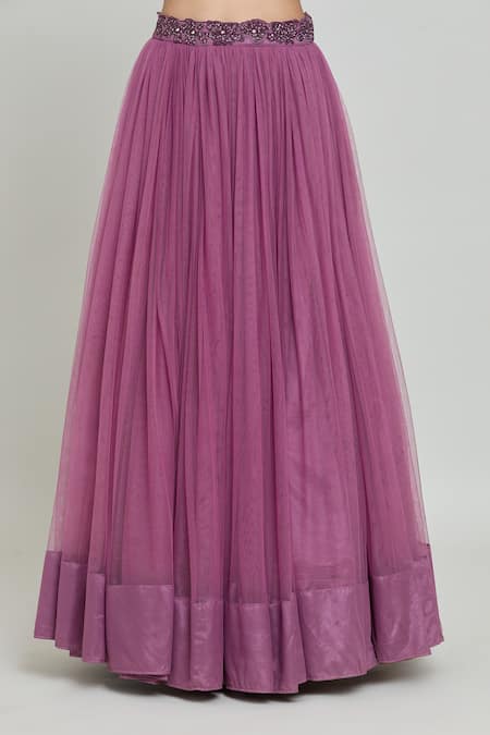 Samyukta Singhania_Purple Net Mirrors, Sequins, Beads Halter Neck Cross Crop Top With Flared Skirt _at_Aza_Fashions