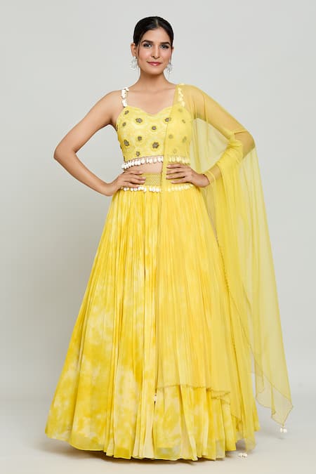 Khwaab by Sanjana Lakhani Yellow Net Embellished 3d Sunflower Sweetheart Blouse Lehenga Set