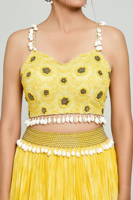Buy_Samyukta Singhania_Yellow Net Beads, Embroidery Sweetheart Sunflower Embellished Blouse Lehenga Set _Online_at_Aza_Fashions