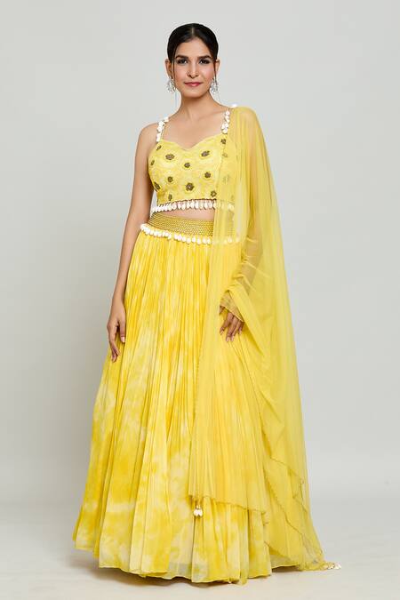 Shop_Samyukta Singhania_Yellow Net Beads, Embroidery Sweetheart Sunflower Embellished Blouse Lehenga Set _Online_at_Aza_Fashions