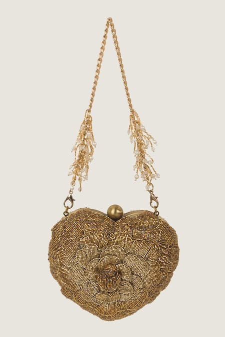 Doux Amour_Gold Embroidery, Beads Heart-shaped Clutch _Online_at_Aza_Fashions