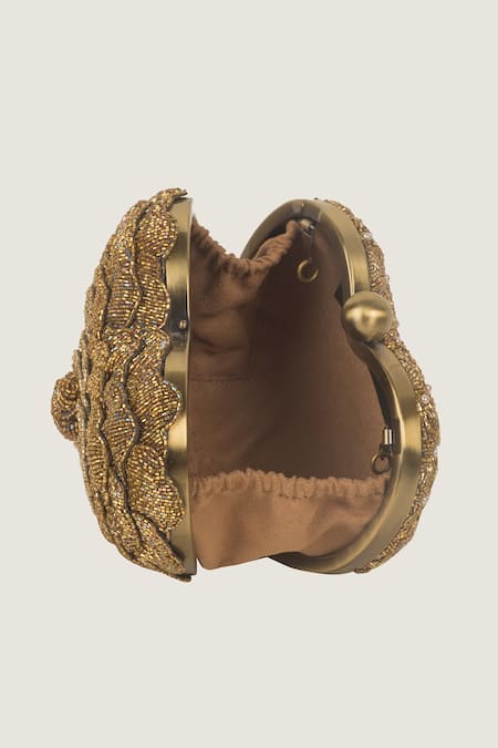 Buy_Doux Amour_Gold Embroidery, Beads Heart-shaped Clutch _Online_at_Aza_Fashions