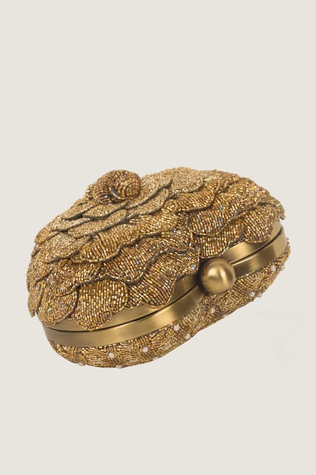 Shop_Doux Amour_Gold Embroidery, Beads Heart-shaped Clutch _Online_at_Aza_Fashions