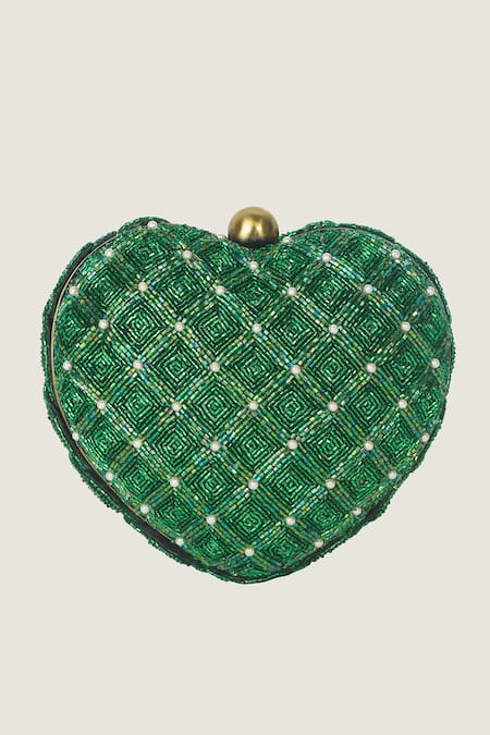 Shop Doux Amour Green Embroidery Heart-shaped Clutch at Aza Fashions Shop_Doux Amour_Green Embroidery Heart-shaped Clutch _at_Aza_Fashions