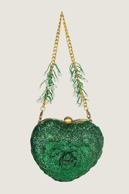 Doux Amour Green Embroidery Heart-shaped Clutch Online at Aza Fashions Doux Amour_Green Embroidery Heart-shaped Clutch _Online_at_Aza_Fashions