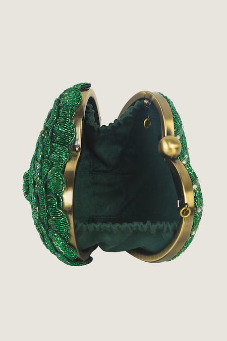 Buy Doux Amour Green Embroidery Heart-shaped Clutch Online at Aza Fashions Buy_Doux Amour_Green Embroidery Heart-shaped Clutch _Online_at_Aza_Fashions