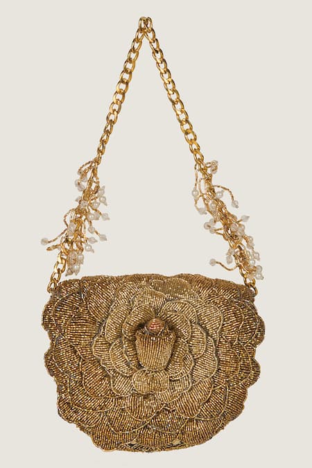 Doux Amour_Gold Embroidery, Beads Mini Clutch _Online_at_Aza_Fashions