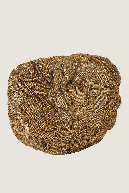 Buy_Doux Amour_Gold Embroidery, Beads Mini Clutch _Online_at_Aza_Fashions