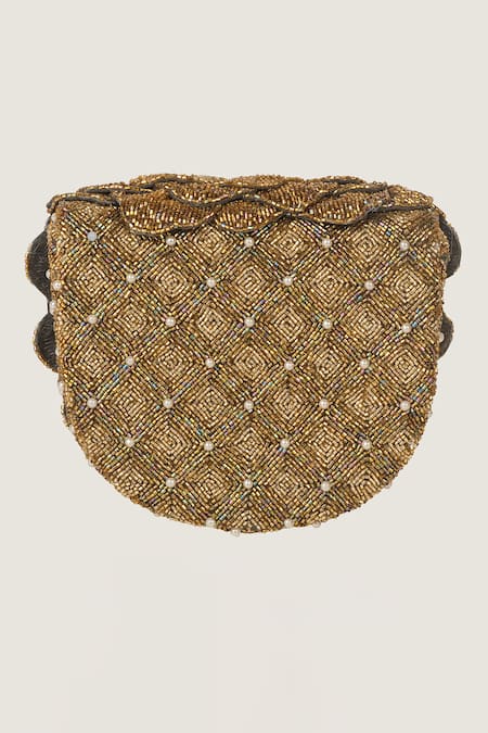 Shop_Doux Amour_Gold Embroidery, Beads Mini Clutch _Online_at_Aza_Fashions
