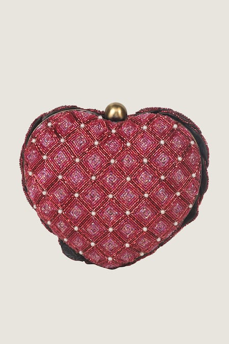 Shop Doux Amour Red Embroidery Heart-shaped Clutch at Aza Fashions Shop_Doux Amour_Red Embroidery Heart-shaped Clutch _at_Aza_Fashions