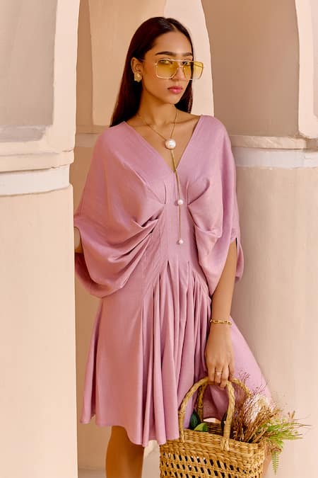 Buy_House Of Fett_Purple Cotton, Rayon V-neck Rico Pleated Dress_Online_at_Aza_Fashions
