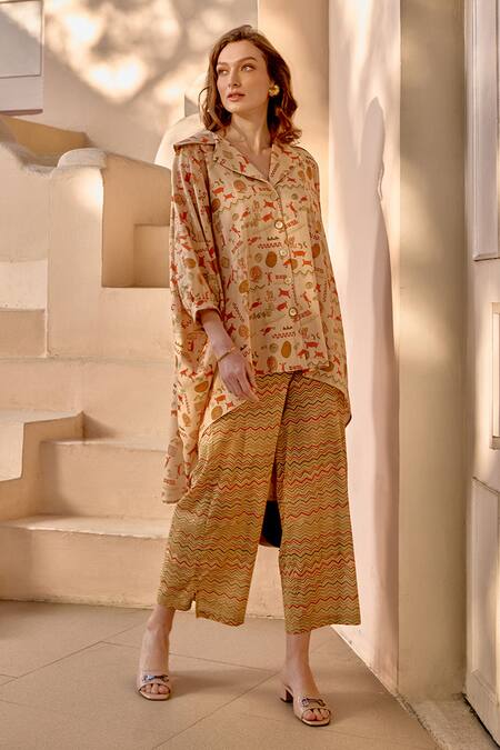 House Of Fett Beige Cotton, Muslin Collared Stonehenge Print Shirt With Pant Online at Aza Fashions House Of Fett_Beige Cotton, Muslin Collared Stonehenge Print Shirt With Pant_Online_at_Aza_Fashions