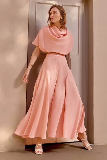 House Of Fett_Peach Linen Cowl Neck Tarsus Top With Pant_Online_at_Aza_Fashions
