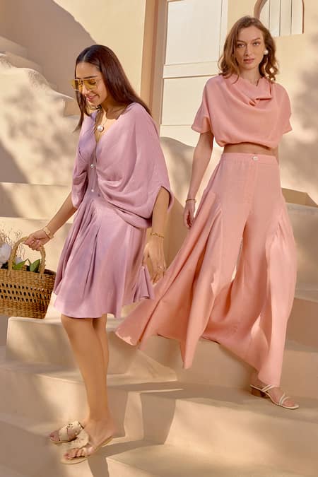 House Of Fett_Peach Linen Cowl Neck Tarsus Top With Pant_at_Aza_Fashions