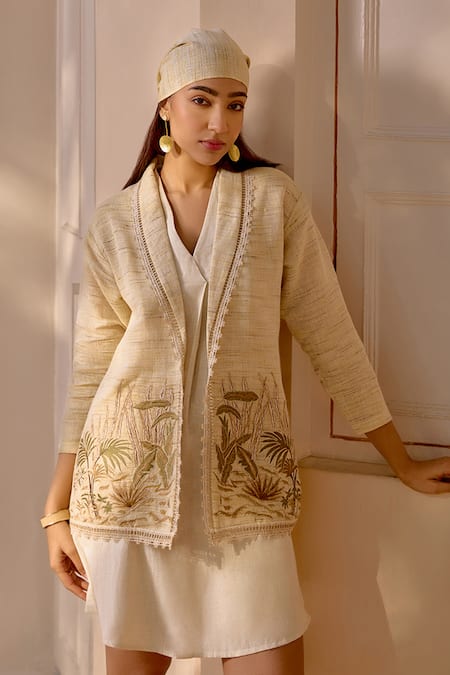 House of Fett Ivory Cotton Silk Hand Embroidered Jacket Floral With Pleated Dress 