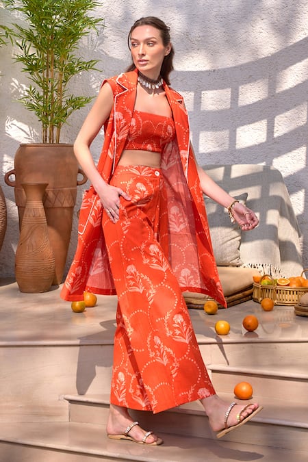 Shop_House Of Fett_Orange Cotton Collared Amer Dahlia Print Jacket Pant Set _Online_at_Aza_Fashions
