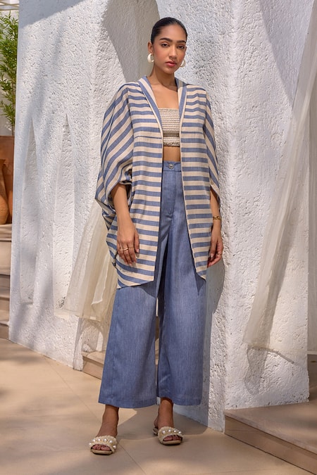 Buy_House Of Fett_Grey Cotton Shawl , Scoop Atlantis Bar Striped Kaftan Set _Online_at_Aza_Fashions