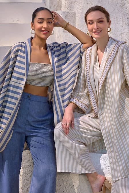 House Of Fett_Grey Cotton Shawl , Scoop Atlantis Bar Striped Kaftan Set _at_Aza_Fashions