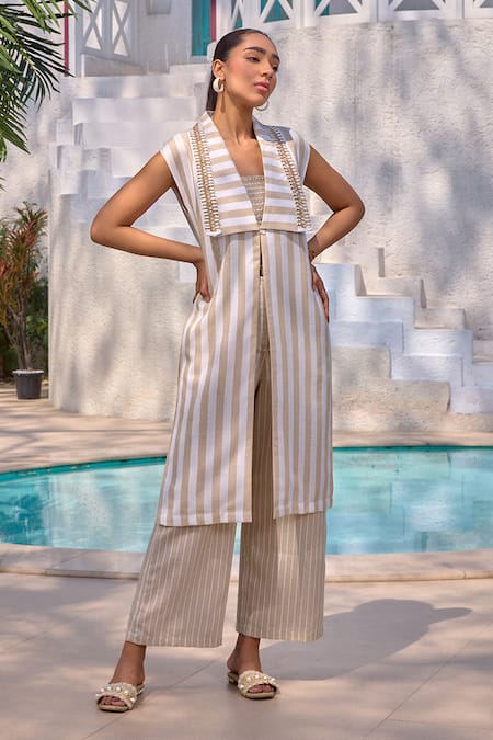 Buy House Of Fett Beige Cotton Lace Collared, Bahamas Striped Sailor Jacket Flared Pant Set Online at Aza Fashions Buy_House Of Fett_Beige Cotton Lace Collared, Bahamas Striped Sailor Jacket Flared Pant Set _Online_at_Aza_Fashions