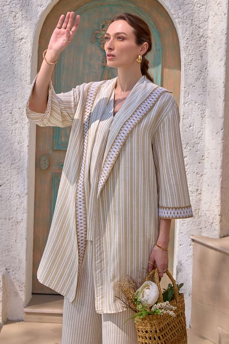 House Of Fett Ivory Cotton, Linen Embroidery V-neck Cayman Striped Cape Set Online at Aza Fashions House Of Fett_Ivory Cotton, Linen Embroidery V-neck Cayman Striped Cape Set _Online_at_Aza_Fashions