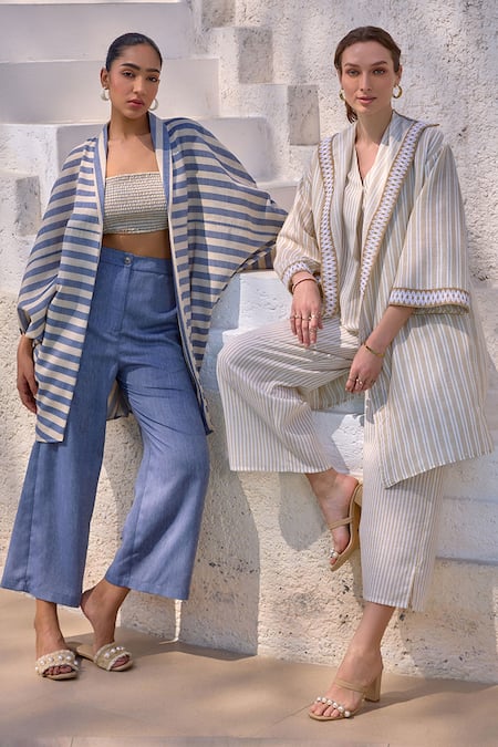 House Of Fett Ivory Cotton, Linen Embroidery V-neck Cayman Striped Cape Set at Aza Fashions House Of Fett_Ivory Cotton, Linen Embroidery V-neck Cayman Striped Cape Set _at_Aza_Fashions