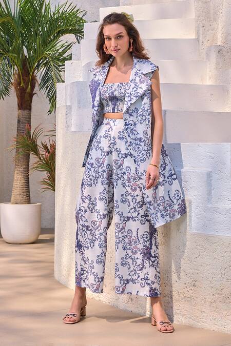 House Of Fett Blue Cotton, Linen Open Neck, Duomo Vintage Damask Print Jacket Pant Set Online at Aza Fashions House Of Fett_Blue Cotton, Linen Open Neck, Duomo Vintage Damask Print Jacket Pant Set _Online_at_Aza_Fashions