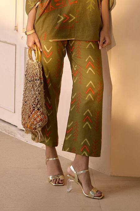 Shop_House Of Fett_Green Cotton V-neck Nomad Safari Cave Man Print Top With Pant _Online_at_Aza_Fashions